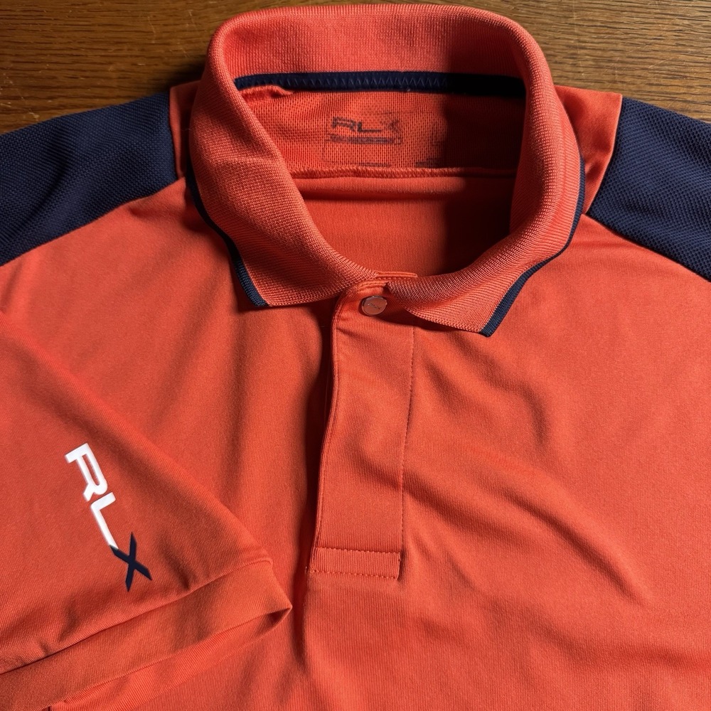 Polo Ralph Lauren RLX Orange Navy‎  Blue Short Sleeve Shirt  Size Large L